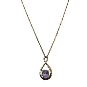 Vintage Amethyst Glass Pendant Necklace 14k Gold GE on Chain signed LIND